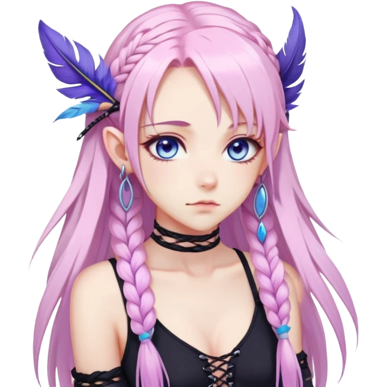 Gorgeous beautiful pretty grumpy anime lady long-pale-whitish-pastel-pink-hair with one braid on each side, hanging purple feather-ear-cuffs with pink tips in hair, black bodysuit, blue eyes, pink iris, ethereal, fashion aesthetic  emoji