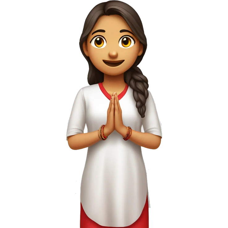 A teenage girl wearing plain white v  neck , elbow length sleeves kurty, with no designs . She is also wearing red plain modi jacket with red buttons on top of kurti. She is joining her hands a praying . Make full body  emojie emoji