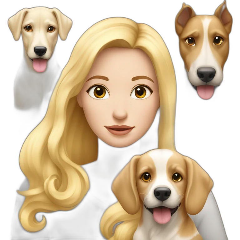 jolie blonde aux yeux bleux avec eux chiens et un cheval emoji