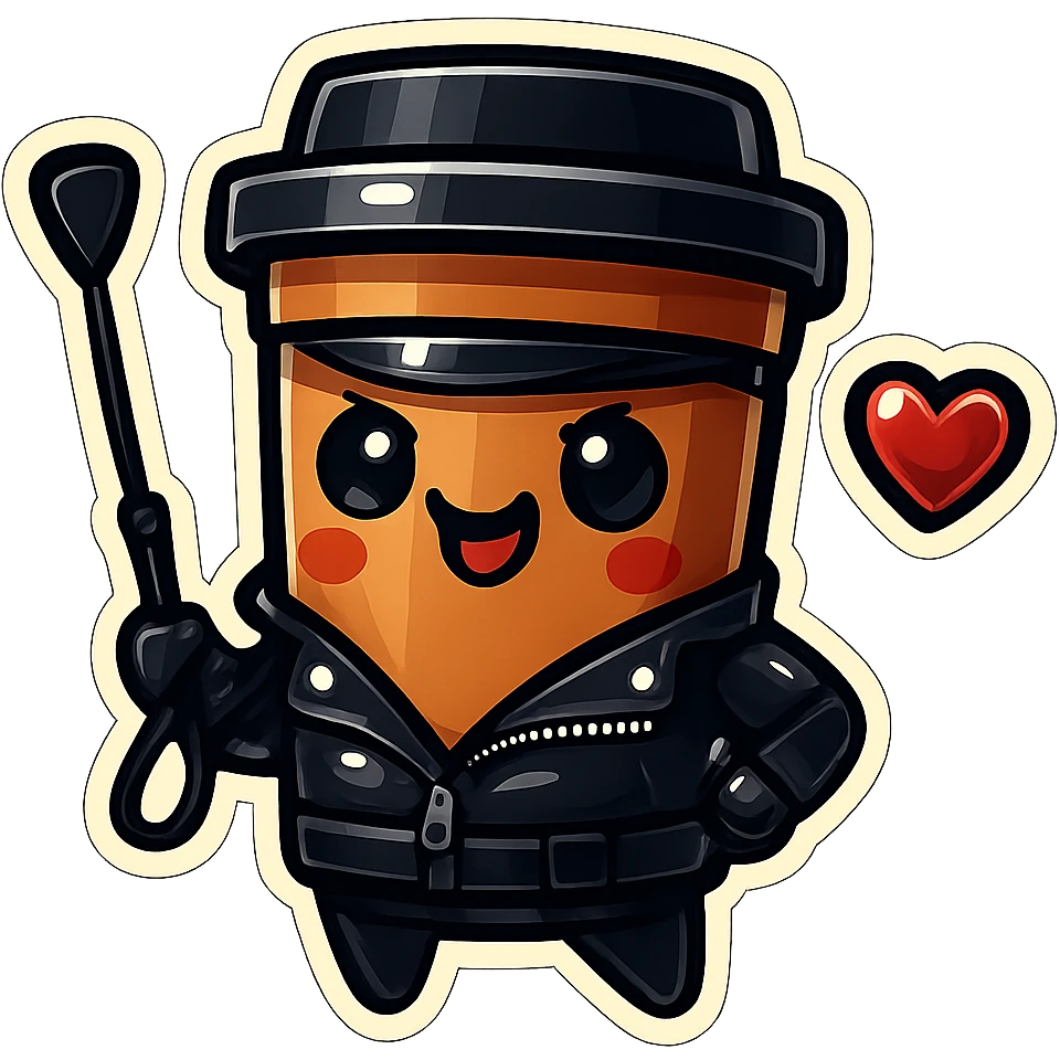Tall coffee cup, dressed in leather holding a whipping crop, mischevious, heart emoji