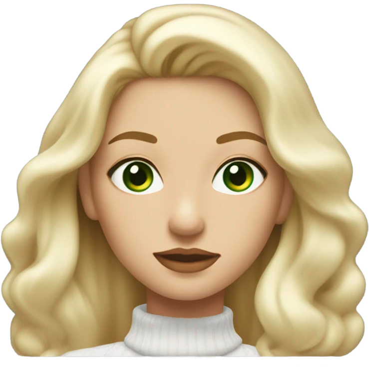 solo blonde girl with green eyes, smooth skin, white sweater, long blow out hair, baddie, middle part emoji