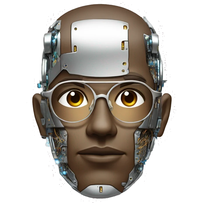 Male cyborg head with metallic plated face, brown flat top, glasses and circuits emoji