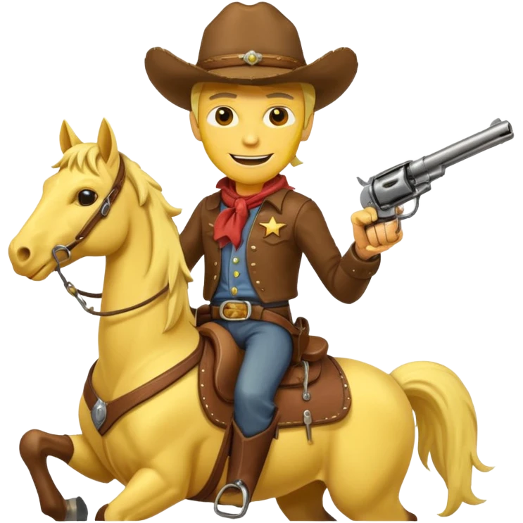 Cowboy riding a horse with revolver. Cowboy With yellow skin and smilling. I mean the face should yellow like mustard color. Simplize it and I need a full pic with horse. Like I need the leg part too emoji