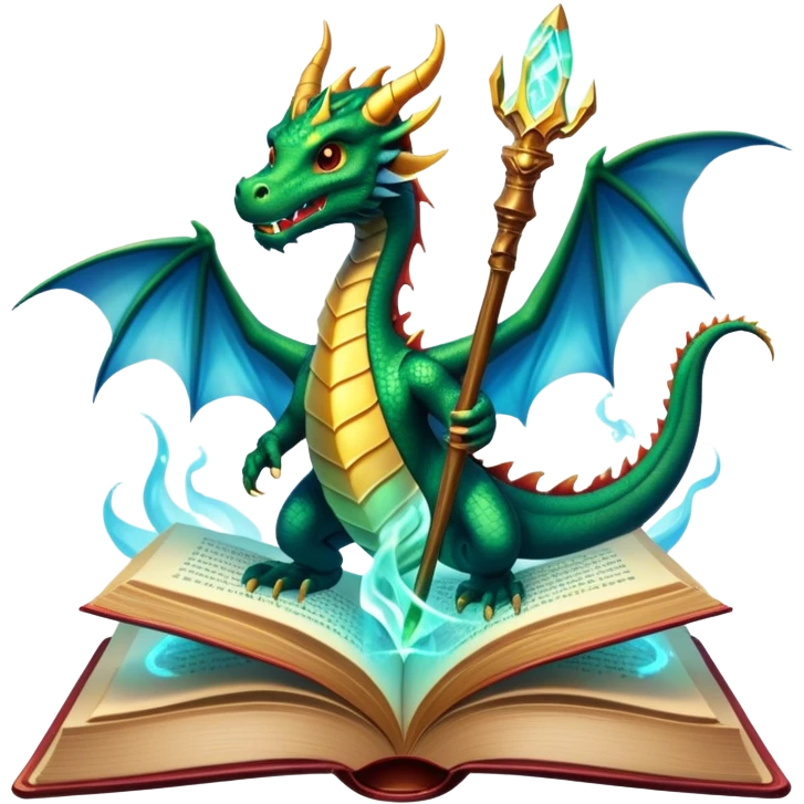 Icon for Fantasy and Sci-Fi Literature: a magical book with glowing pages, surrounded by a dragon, a spaceship, and a wizard with a staff. The icon should capture the adventurous and imaginative world of fantasy and science fiction. Transparent background. emoji
