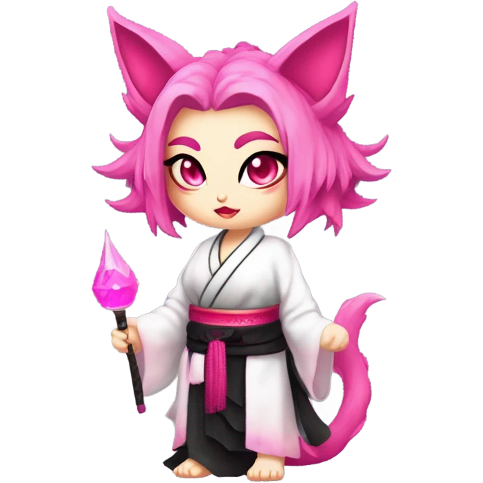 Full body female, succubus kitsune, neon pink eyes, vibrant pink hair, alabaster skin, fluffy black tails, pink tail tips, spiked choker, unique heritage, seductive charm, rebellious spirit, traditional kimonos, spiked anklets, and Barefoot 
 emoji