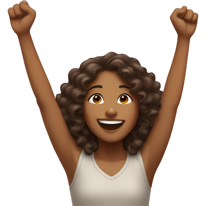 Brown girl with dark brown long curly hair saying “hooray!” emoji