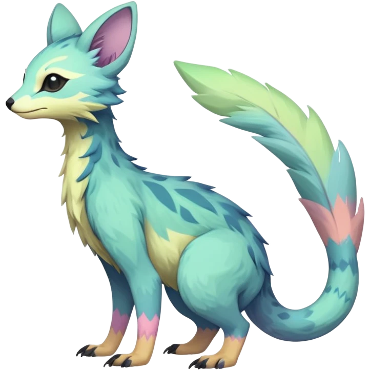 Rare realistic exotic pastel cute epic pretty beautiful handsome gorgeous aesthetic colorful vibrant Vernid-Trico-species-Fakemon-creature by LiLaiRa, 4 legs, 1 tail, random markings, (full body) emoji