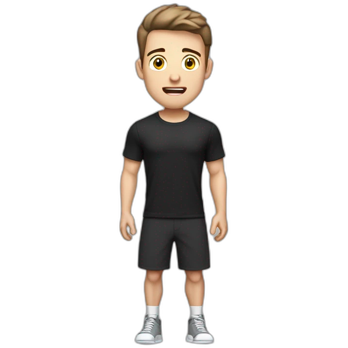 amazed Open with surprise mouth Pale skinned Fit Man With the biceps and dark brown hair in black shirt, gray sports shorts and white Sneakers emoji