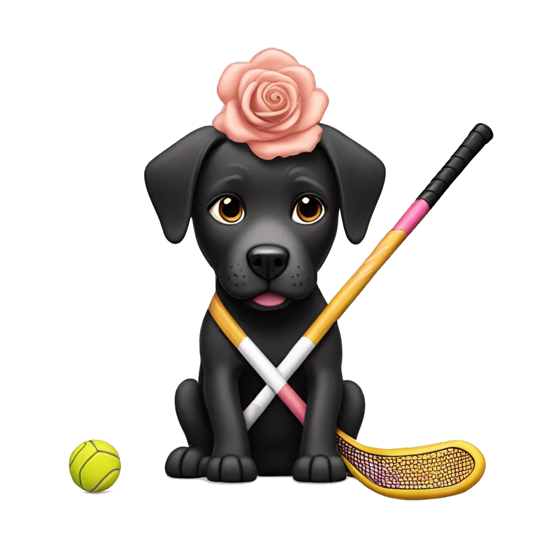 Black lab pitbull mix playing field hockey with a rose gold field hockey stick emoji