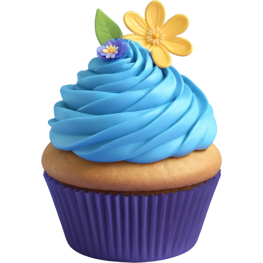 A 3D iOS-style blueberry cupcake with a blue frosting swirl, a single blueberry on top, and a small flower decoration, based on the reference image. The cupcake should have a blue wrapper and a golden-brown base, with a light shadow underneath. emoji
