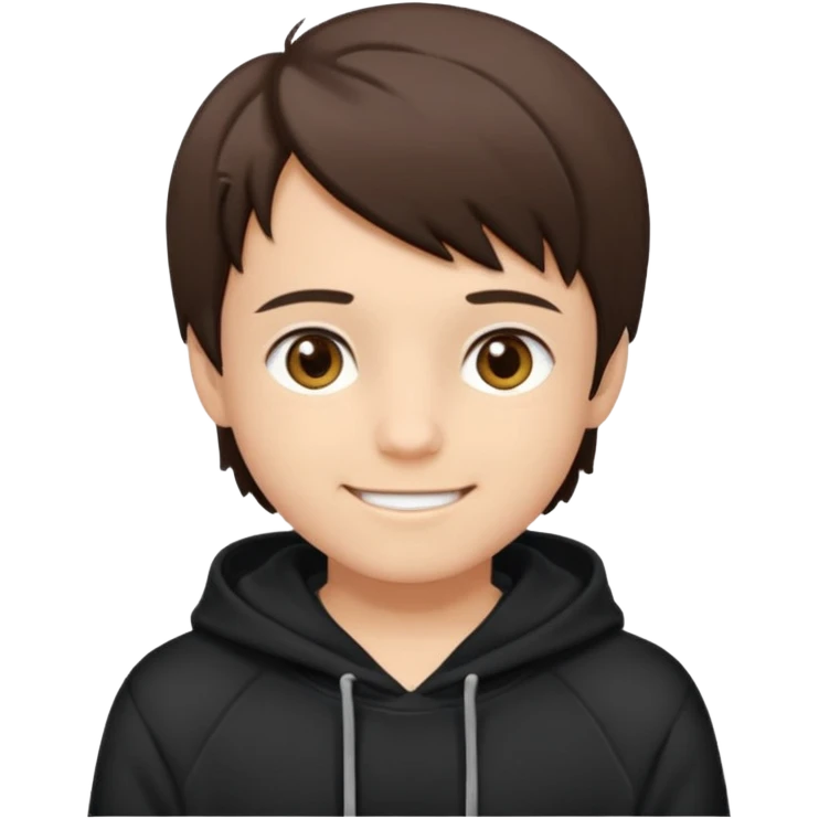 A brunette boy, short straight hair, light brown eyes, with a black sweatshirt with a hoodie, and smile  emoji