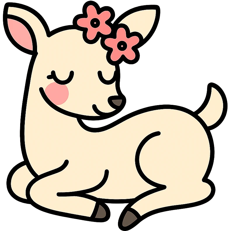 feminine adult vanilla cloud doe with rosy cheeks and cherry flowers, floating gracefully, minimalist style, brand identity, social media emoji