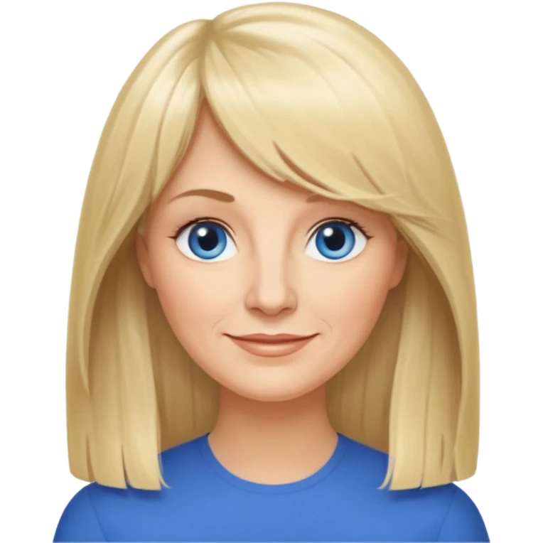 50 yr old white woman, curtain bangs, very long straight blond hair, oval face, small smile, blue eyes, thin face, hair down to elbows, round cheeks emoji