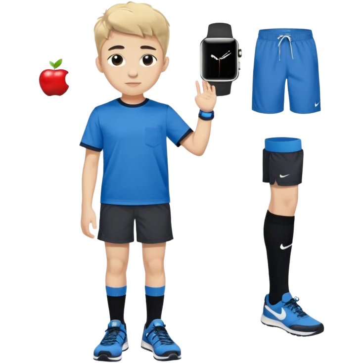 A 5.11 14 year old teen wearing black 5 inch shorts and black socks with a blue Nike shirt that goes to his waist, Birkenstocks, and an Apple Watch with a blue band emoji