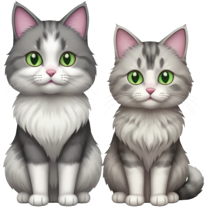 a realistic looking very fluffy grey and white cat sitting next to another cat emoji