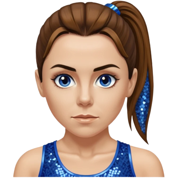 Melanie C with long brown ponytail hair, blue sequin crop top, hazel eye emoji