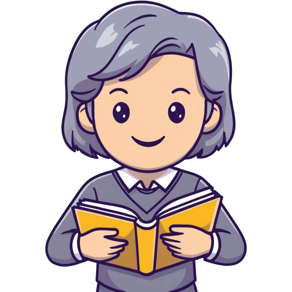 smiling English teacher with airtouch hair and grey-green eyes holding books and teaching materials emoji