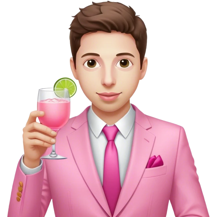 Create an image of a person resembling Sam Altman, dressed in an all-pink suit, with one hand holding a pink tequila drink.  emoji