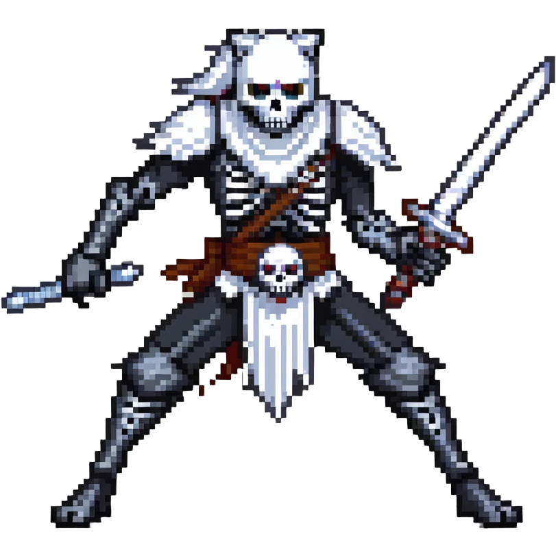 pixel art ninja skeleton wielding swords, accompanied by a white wolf emoji