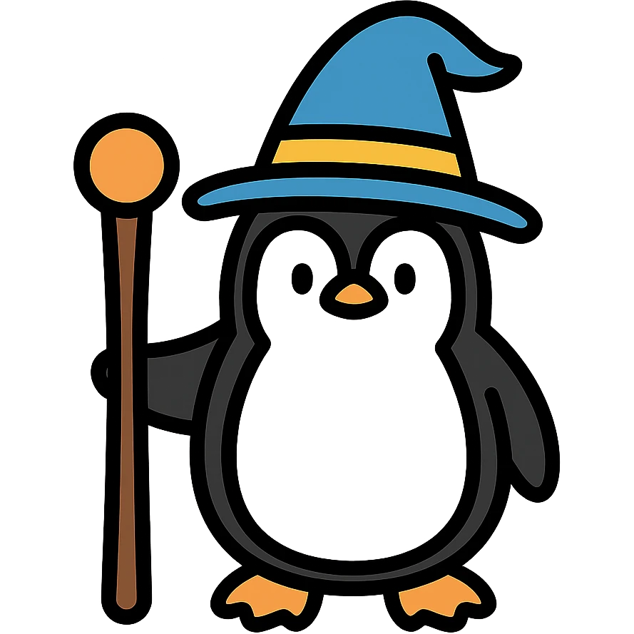 penguin wizard with a staff and wizard hat, color outline icon emoji