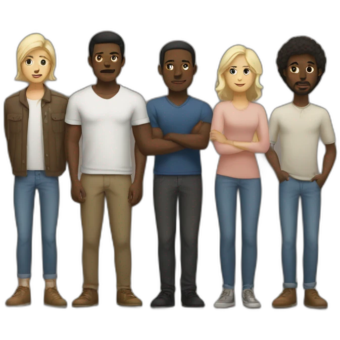 six dark-skinned men stand behind a pale blonde woman emoji