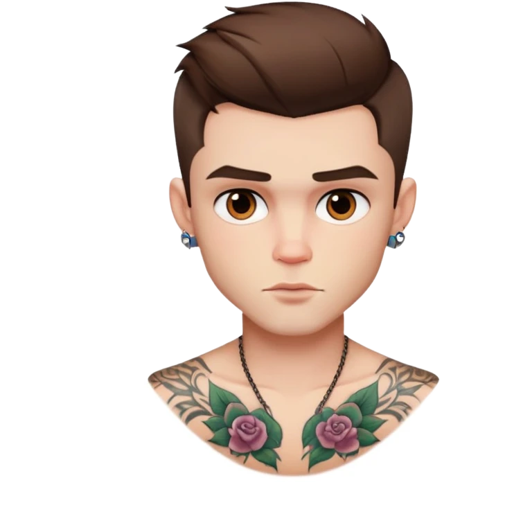 pretty handsome bratz man, short brown hair, brown eyes, pale skin, defined jawline, has tattoos emoji