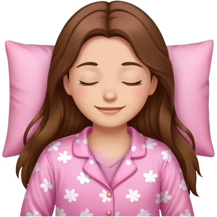 The brown long hair girl going to sleep in pink pajama with smile and closed eyes emoji