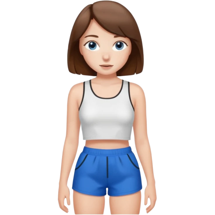 Brown haired girl with bob and blue eyes and freckles and white crop top and black shorts emoji