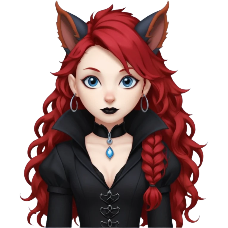  long curly red hair (darker), red pointed ears with black trim, black goth outfits, body and face human, blue eyes, more pointy chin, black lipstick, big fluffy red squirrel tail with black tips, like the attached photo with more outfits and poses,  emoji