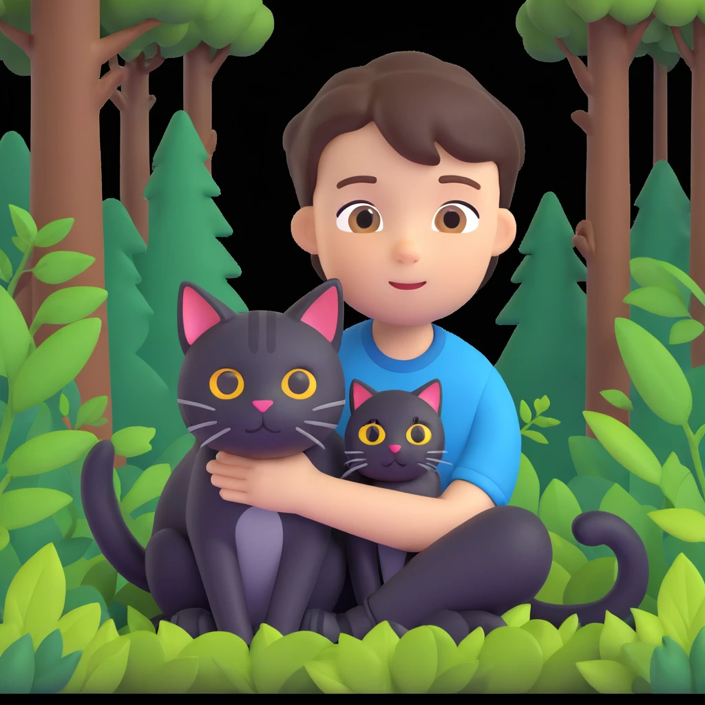 boy and cat pet in forrest background, close up pose emoji