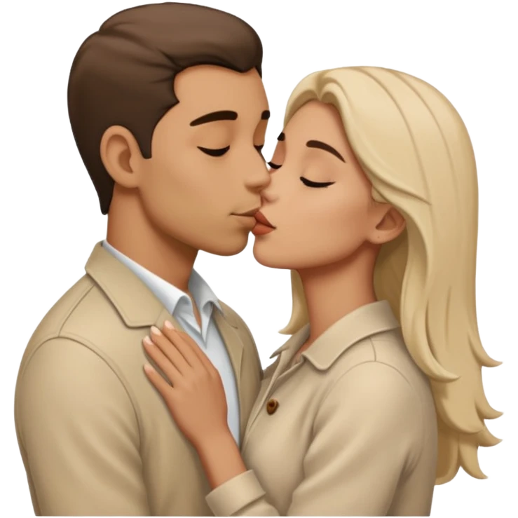 A man in pale beige clothes and a woman in pale beige clothes are kissing emoji