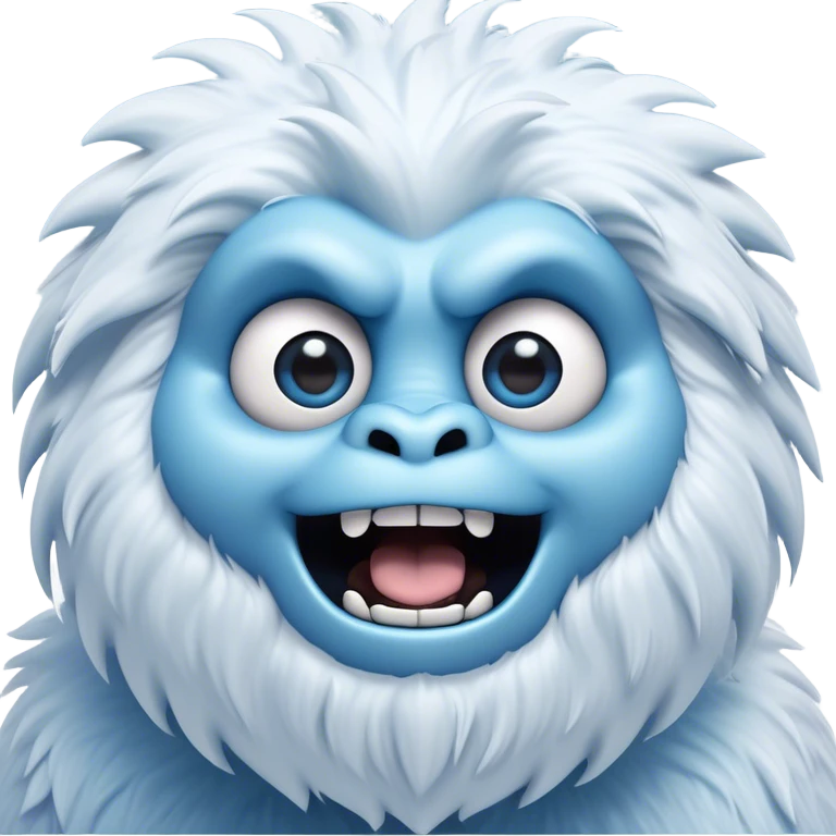 Cinematic Comical Yeti Portrait Emoji, with a cartoonishly exaggerated, fluffy figure in cool, frosty whites and icy blues, head tilted in an overly surprised expression with wide, comically sparkling eyes and a quirky, open-mouthed grin, simplified yet hilariously detailed, glowing with a soft frosty outline capturing the meme-worthy fun of a yeti in playful shock! emoji