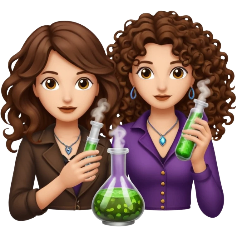 potion combo success — long wavy brown hair tattooed woman and short tight curly brown hair woman — vial connect emoji