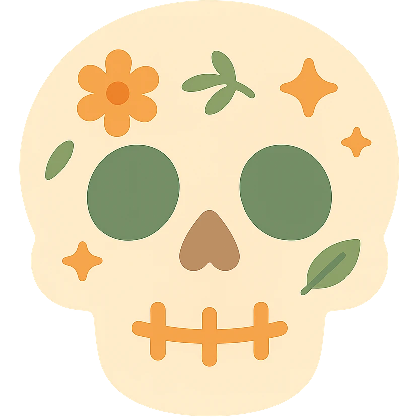 A cute and whimsical skull with a friendly expression, designed in a soft and charming color palette: golden orange (FA9B41), deep forest green (4A7C5C), warm taupe brown (96775A), and pastel peach (FFCC9A). The skull has rounded features and gentle curves, with big, expressive eye sockets that give it a sweet and non-threatening appearance. It’s decorated with floral patterns, tiny stars, or leaf motifs in the given colors, inspired by cozy or magical aesthetics. The background is softly lit, adding to the gentle and enchanting mood, making the skull feel more like a magical companion than something spooky. emoji