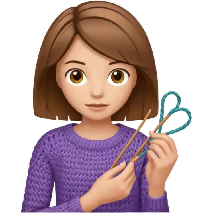  Woman with brown bobbed  hair and highlights light brown eyes no glasses  tangled Knitting emoji emoji