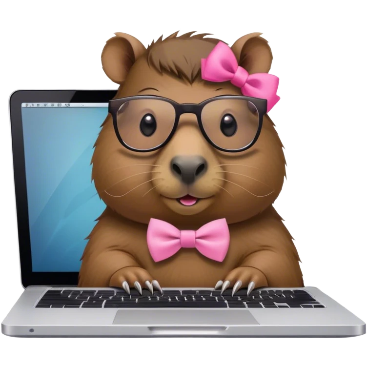 capivara de óculos e laço cor de rosa mexendo no macbook emoji