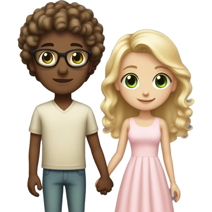 Girl with long blonde hair and green eyes wearing a light pink dress holding hands with dark brown boy with short curly hair and glasses emoji