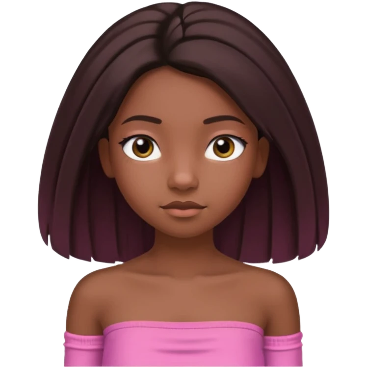 A black 12 yr old girl brushing her shoulder length hair, doe eyes, almond eyes pink tube top and black hair like the 3rd. The first one but hair straight and long and close to body emoji