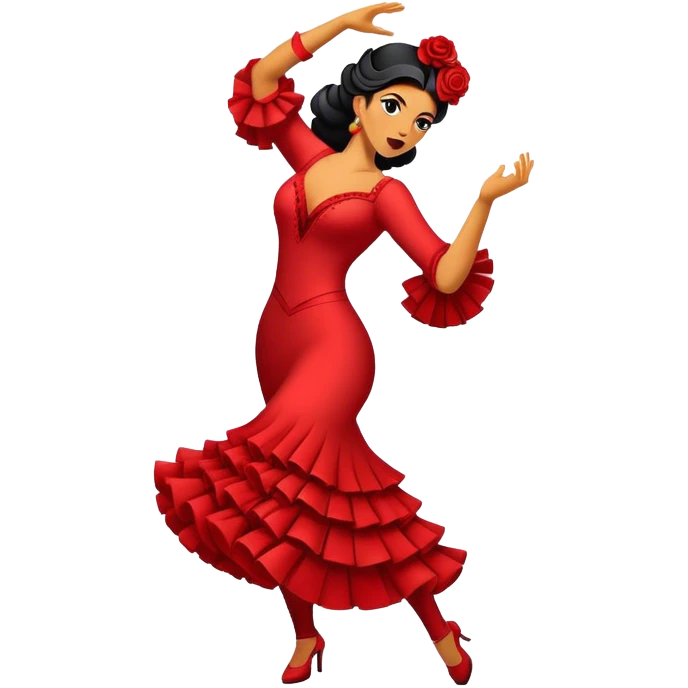 Cinematic Realistic Flamenco Dance Emoji, depicted as a passionate expressive flamenco performance with dramatic costumes and dynamic fiery movements, rendered with vibrant textures and bold energetic lighting that captures its intense rhythm. emoji