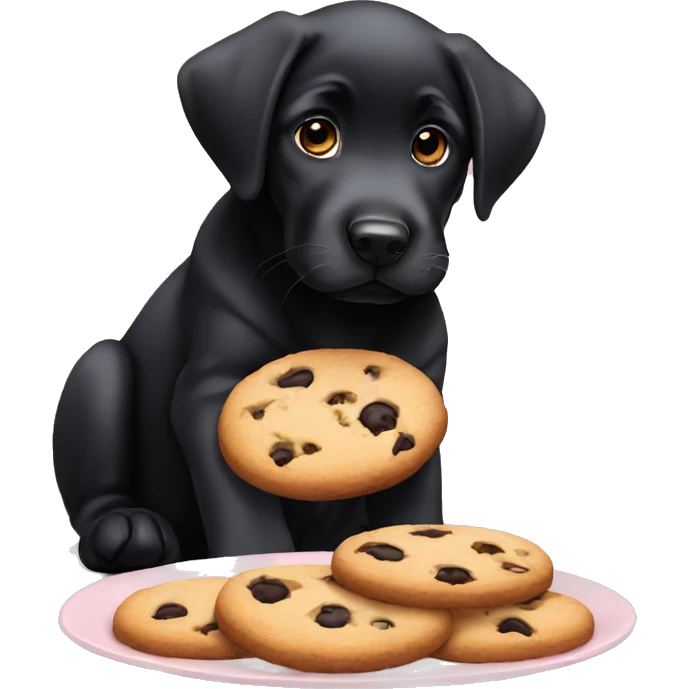 sweet black labrador puppy with big eyes eats a cookie emoji
