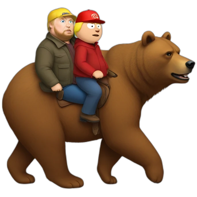 eric cartman and trump riding on a brown bear emoji