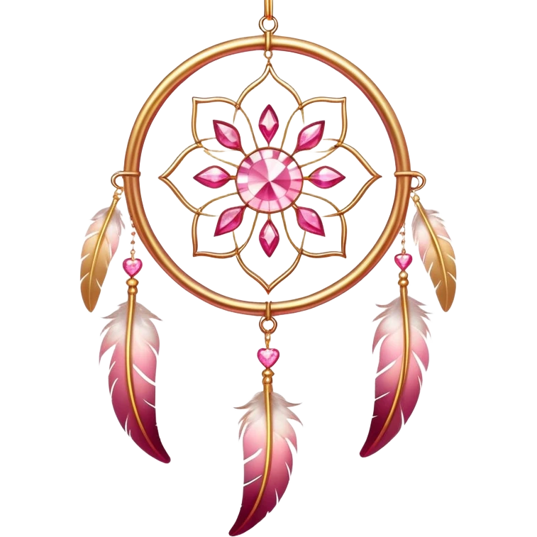 Reddish-pinkish and gold and white warm-colored romantic lush beautiful pretty hanging crystal-catcher aesthetic with hearts and sparkles and feathers emoji