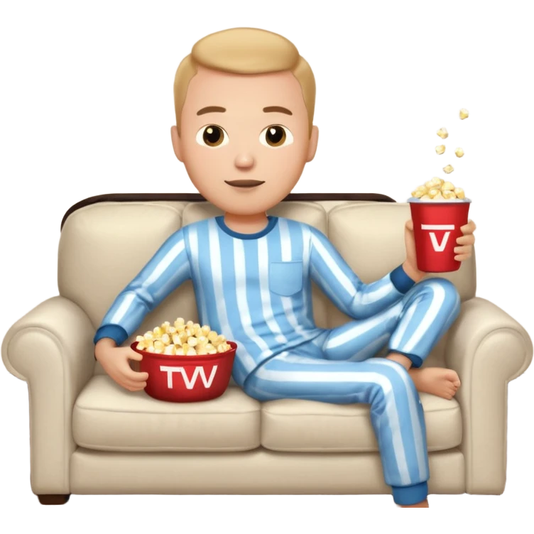 male memoji, lazy man in pajamas, lying on couch, holding TV remote, relaxed face, casual home vibe, popcorn bucket, watch tv emoji