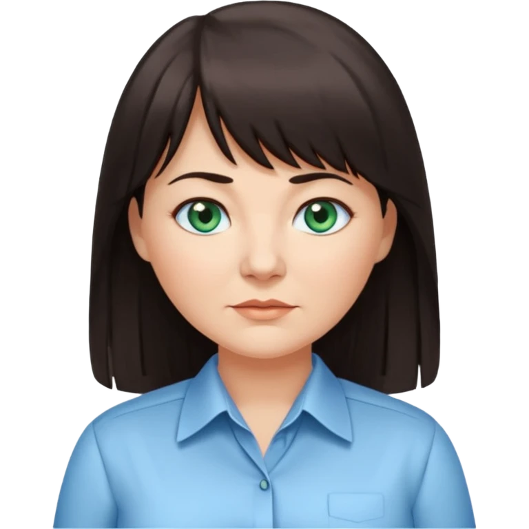 50 yr old woman, blue green eyes, long straight dark brown hair, business shirt, chubby, bangs emoji