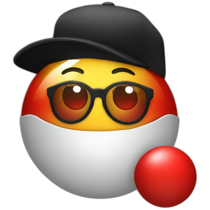 ball with a red cap with a black brim no mouth round glasses emoji