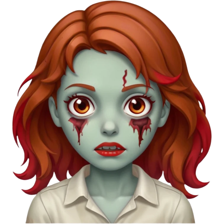 menina zumbi com cabelo ondulado, castanho meio claro meio ruivo, uma mecha vermelha e olhos castanhos  emoji