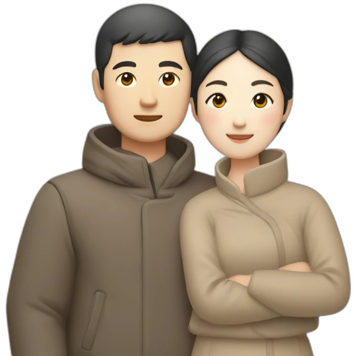 Chinese couple in Muji outfit hugging emoji