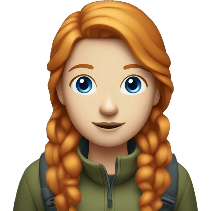 Ginger girl with volume straight hair and blue eyes On a hike emoji