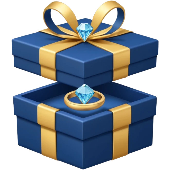 A dark blue gift box for jewelry containing a gold ring with a diamond emoji