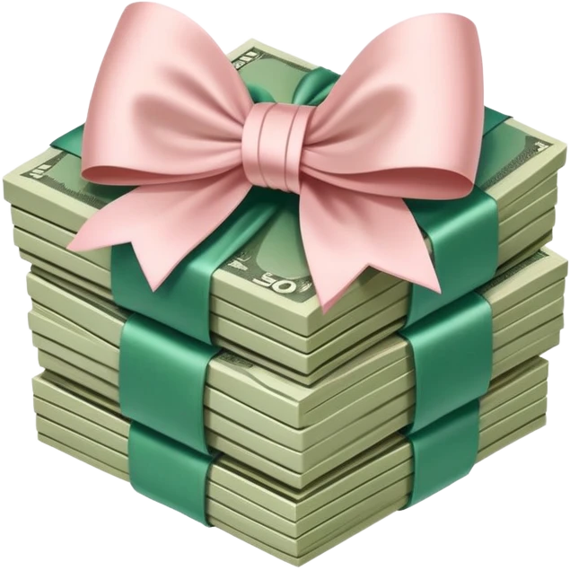 Neat money stack tied with a blush satin bow, muted green bills, soft luxury rich emoji